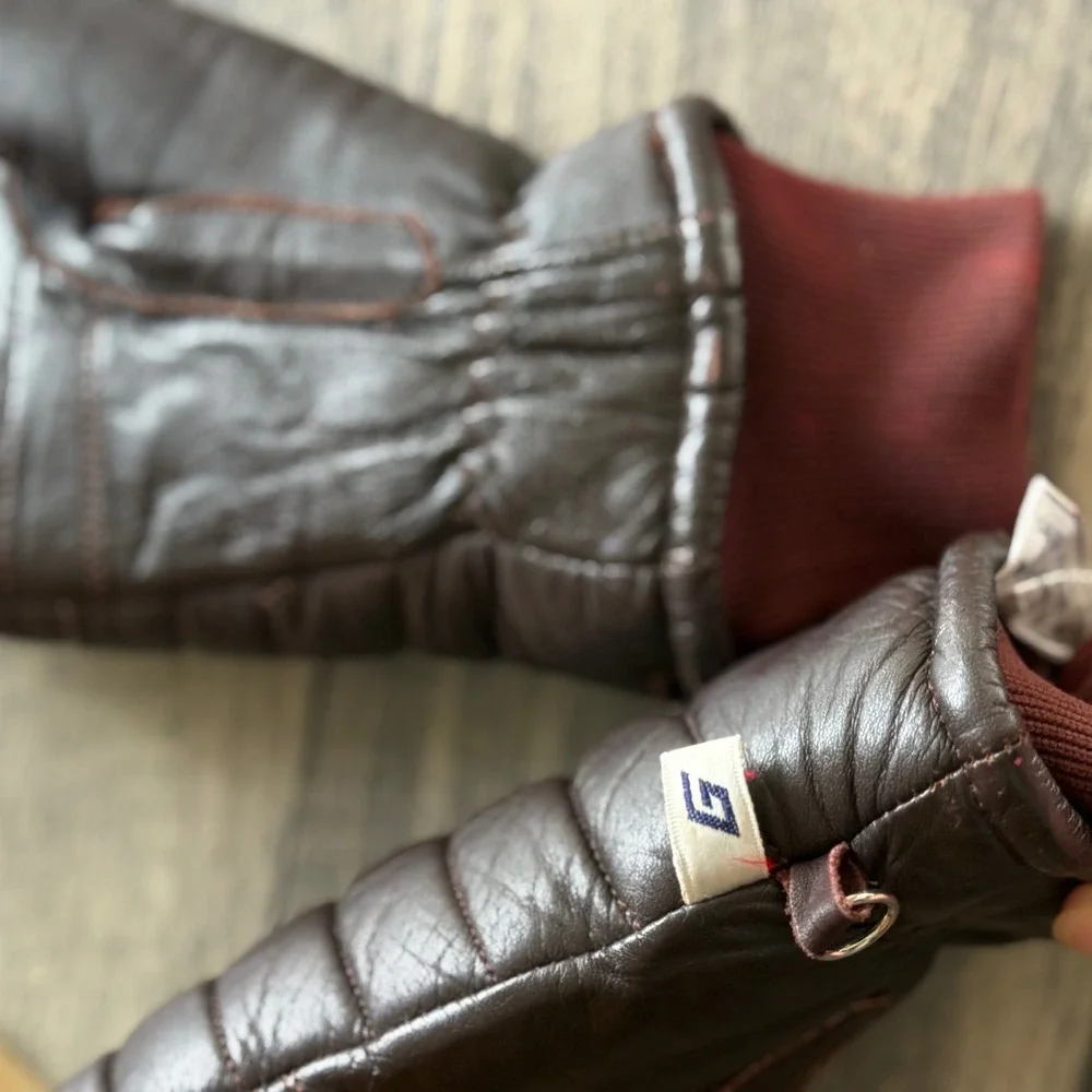Gordini Vintage Brown Leather Quilted Mittens Women Small Burgundy Knit Cuff